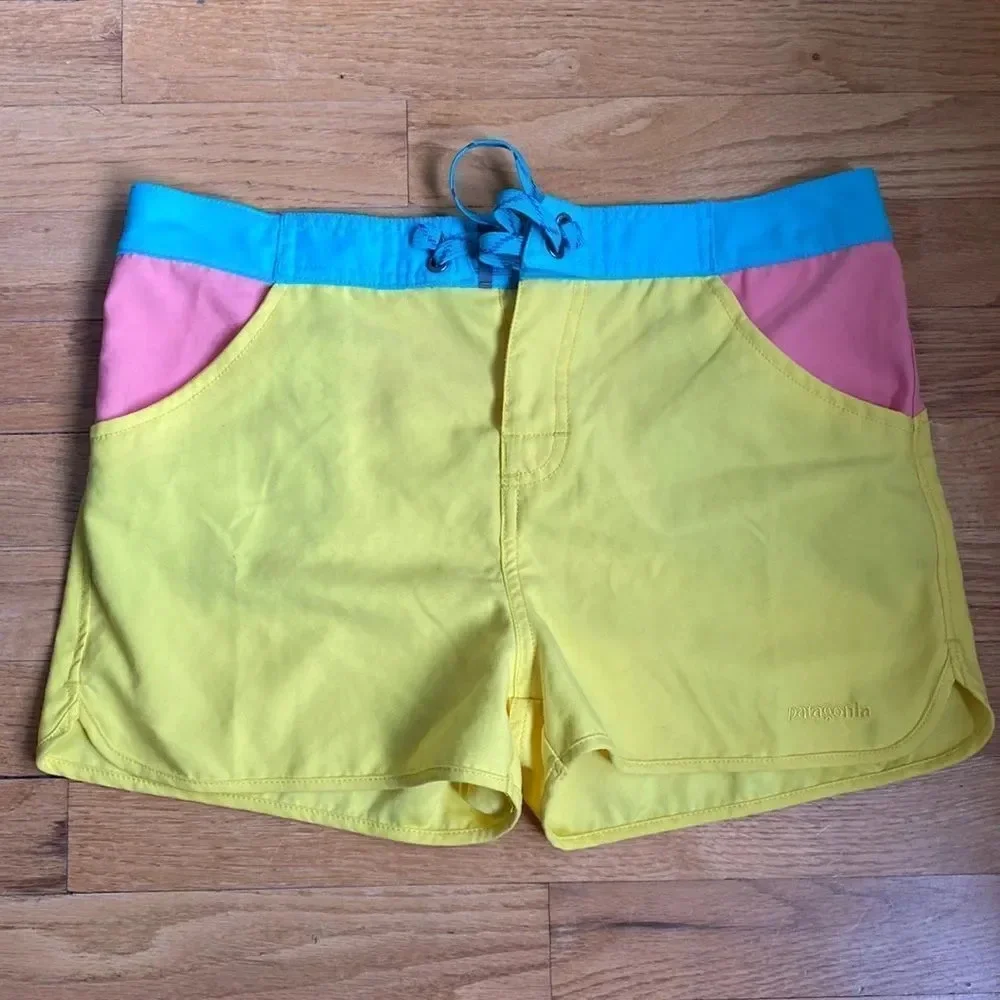 Patagonia sz 14 water shorts tie yellow pink blue Velcro + open pockets snap fly